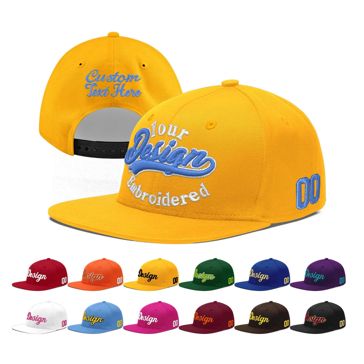 Custom Yellow 3D Puff Embroidery Flat Embroidery Casual Sport Baseball Cap