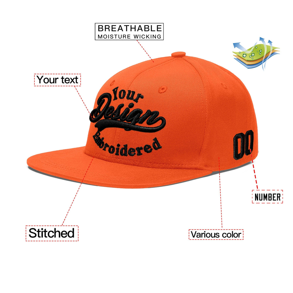Custom Orange 3D Puff Embroidery Flat Embroidery Casual Sport Baseball Cap