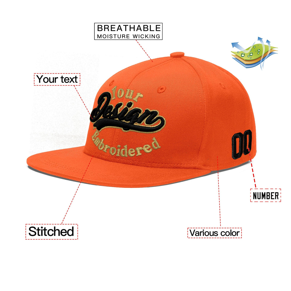 Custom Orange 3D Puff Embroidery Flat Embroidery Casual Sport Baseball Cap