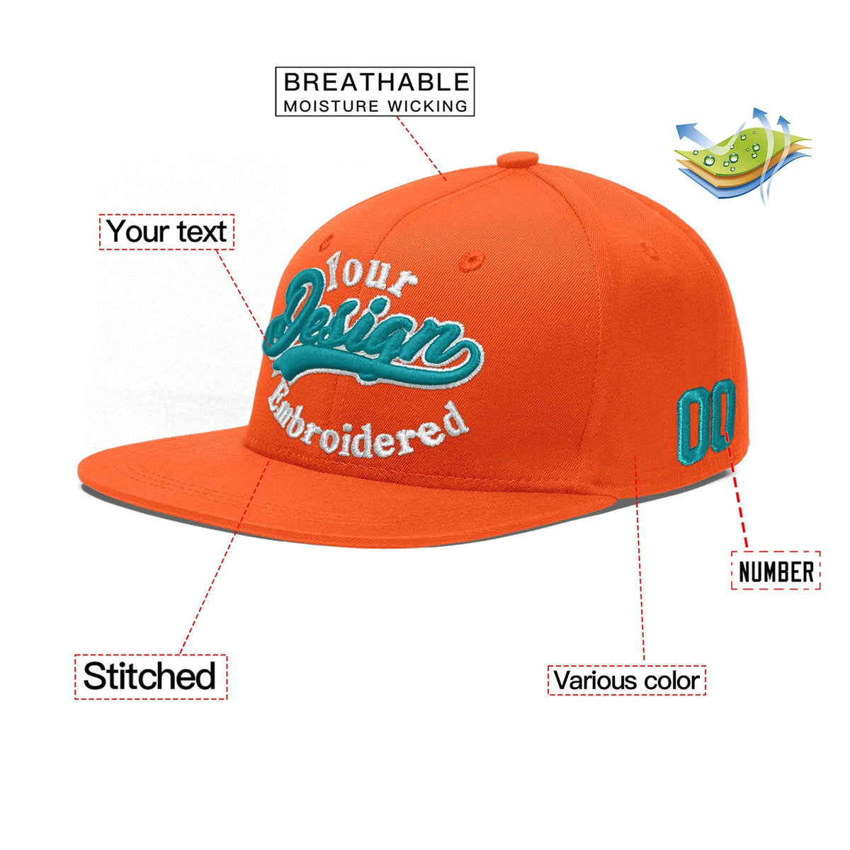 Custom Orange 3D Puff Embroidery Flat Embroidery Casual Sport Baseball Cap