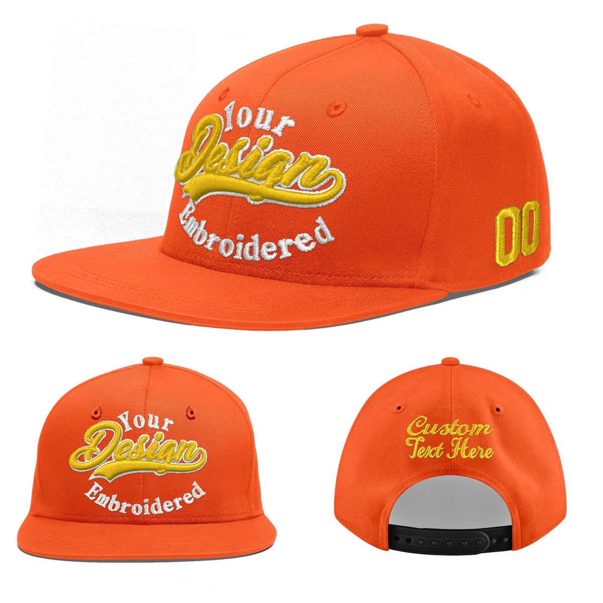 Custom Orange 3D Puff Embroidery Flat Embroidery Casual Sport Baseball Cap