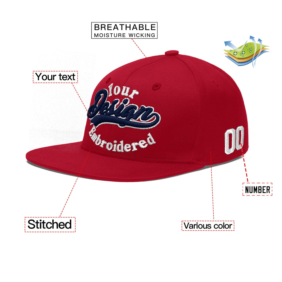 Custom Red 3D Puff Embroidery Flat Embroidery Casual Sport Baseball Cap