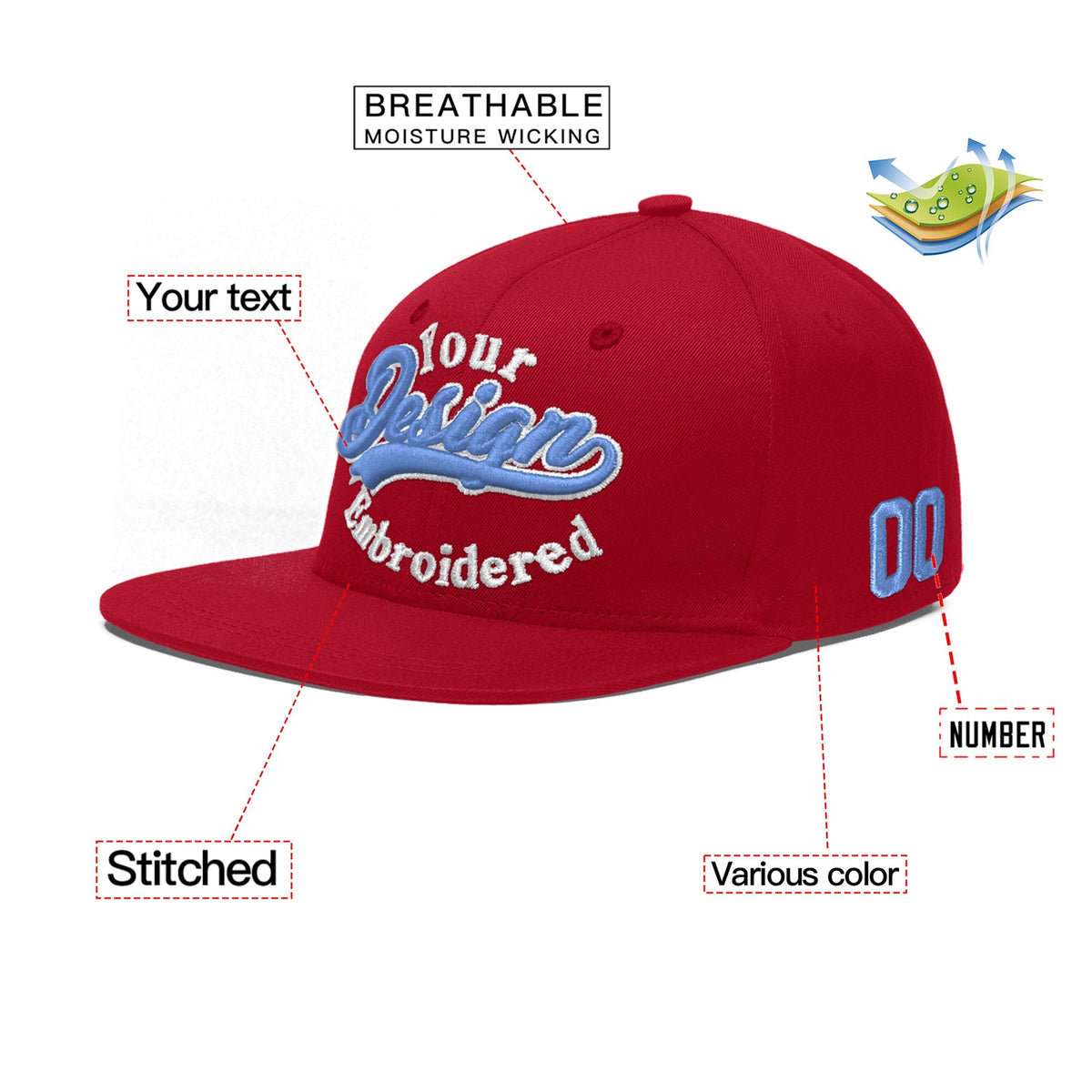 Custom Red 3D Puff Embroidery Flat Embroidery Casual Sport Baseball Cap