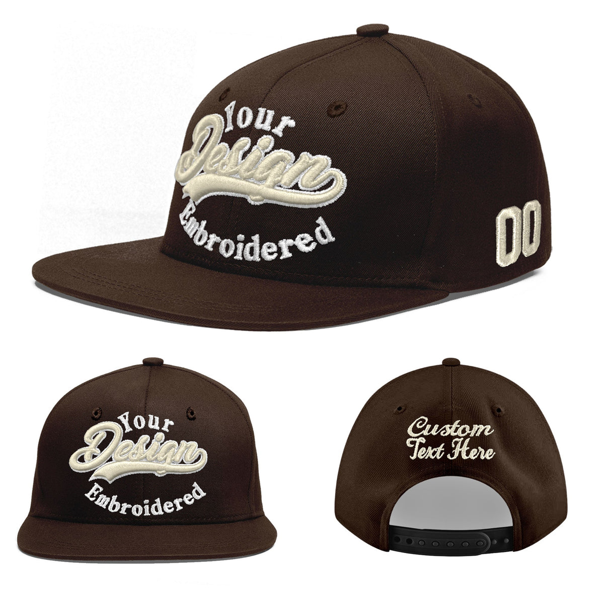 Custom Brown 3D Puff Embroidery Flat Embroidery Casual Sport Baseball Cap