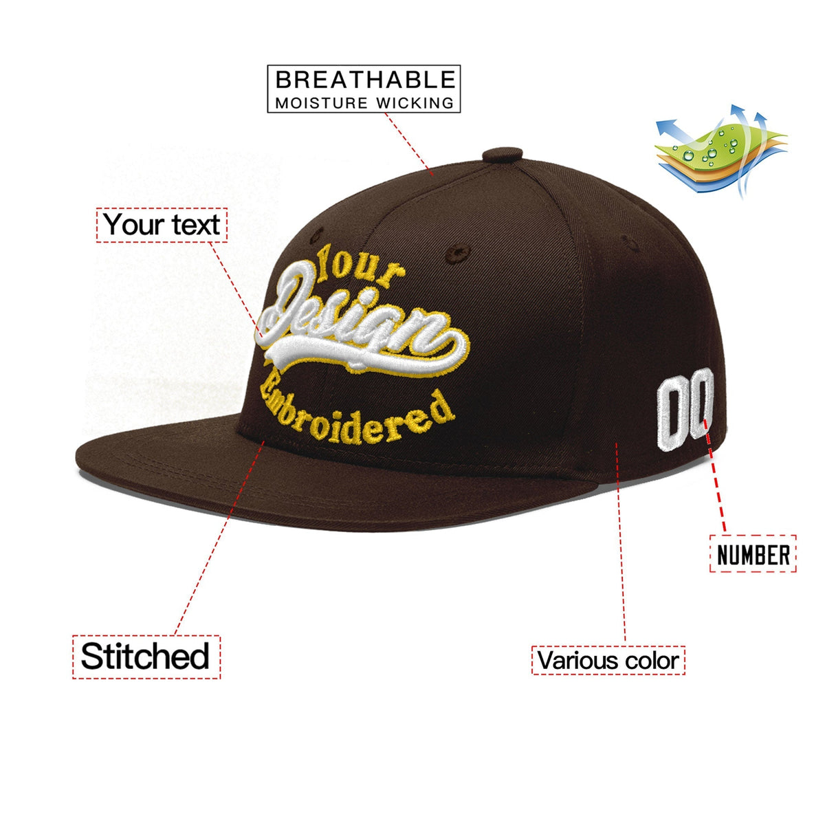 Custom Brown 3D Puff Embroidery Flat Embroidery Casual Sport Baseball Cap