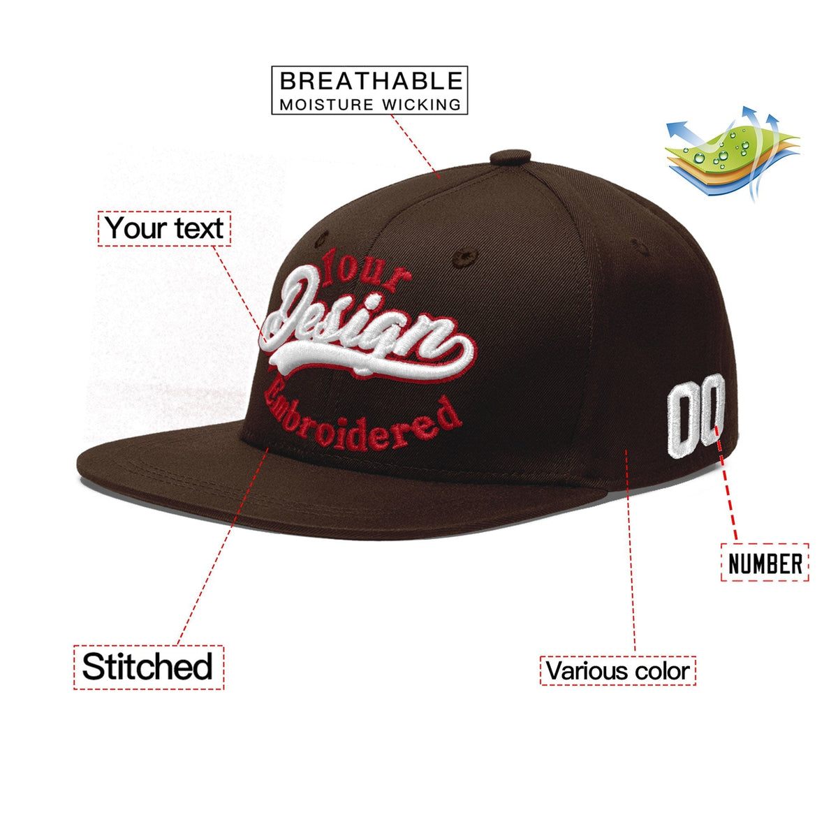 Custom Brown 3D Puff Embroidery Flat Embroidery Casual Sport Baseball Cap