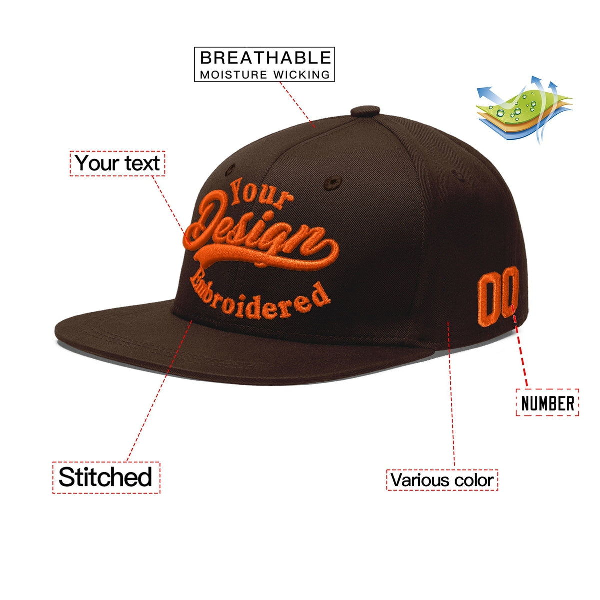 Custom Brown 3D Puff Embroidery Flat Embroidery Casual Sport Baseball Cap