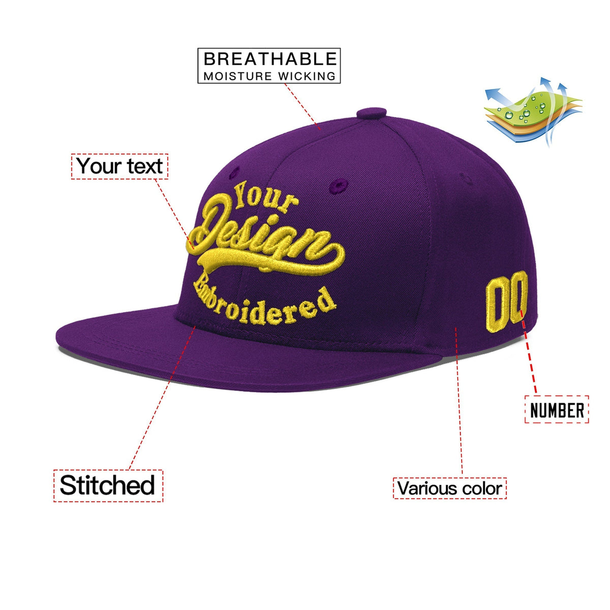 Custom Purple 3D Puff Embroidery Flat Embroidery Casual Sport Baseball Cap