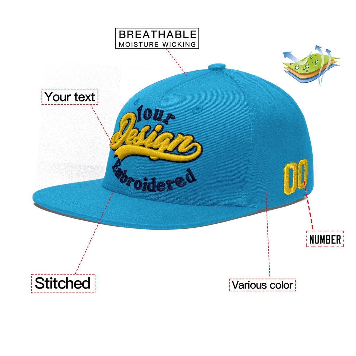 Custom Light Blue 3D Puff Embroidery Flat Embroidery Casual Sport Baseball Cap