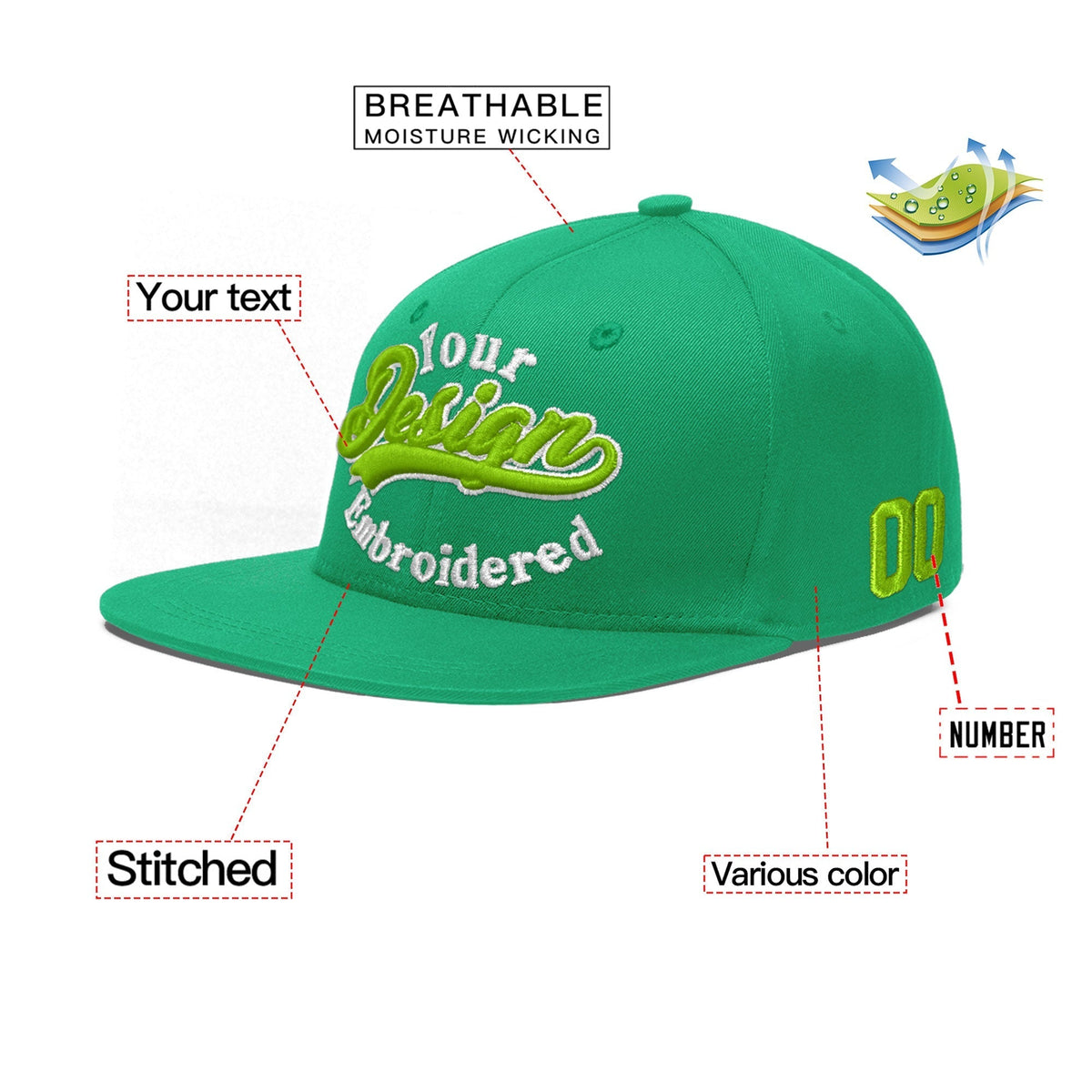 Custom Aqua 3D Puff Embroidery Flat Embroidery Casual Sport Baseball Cap