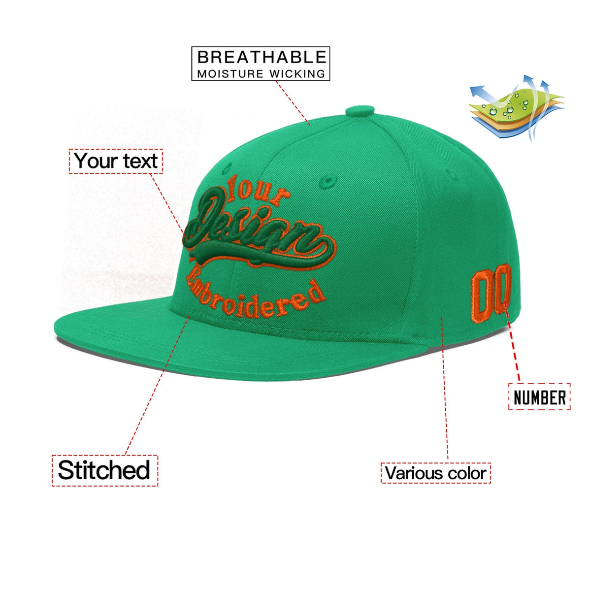 Custom Aqua 3D Puff Embroidery Flat Embroidery Casual Sport Baseball Cap