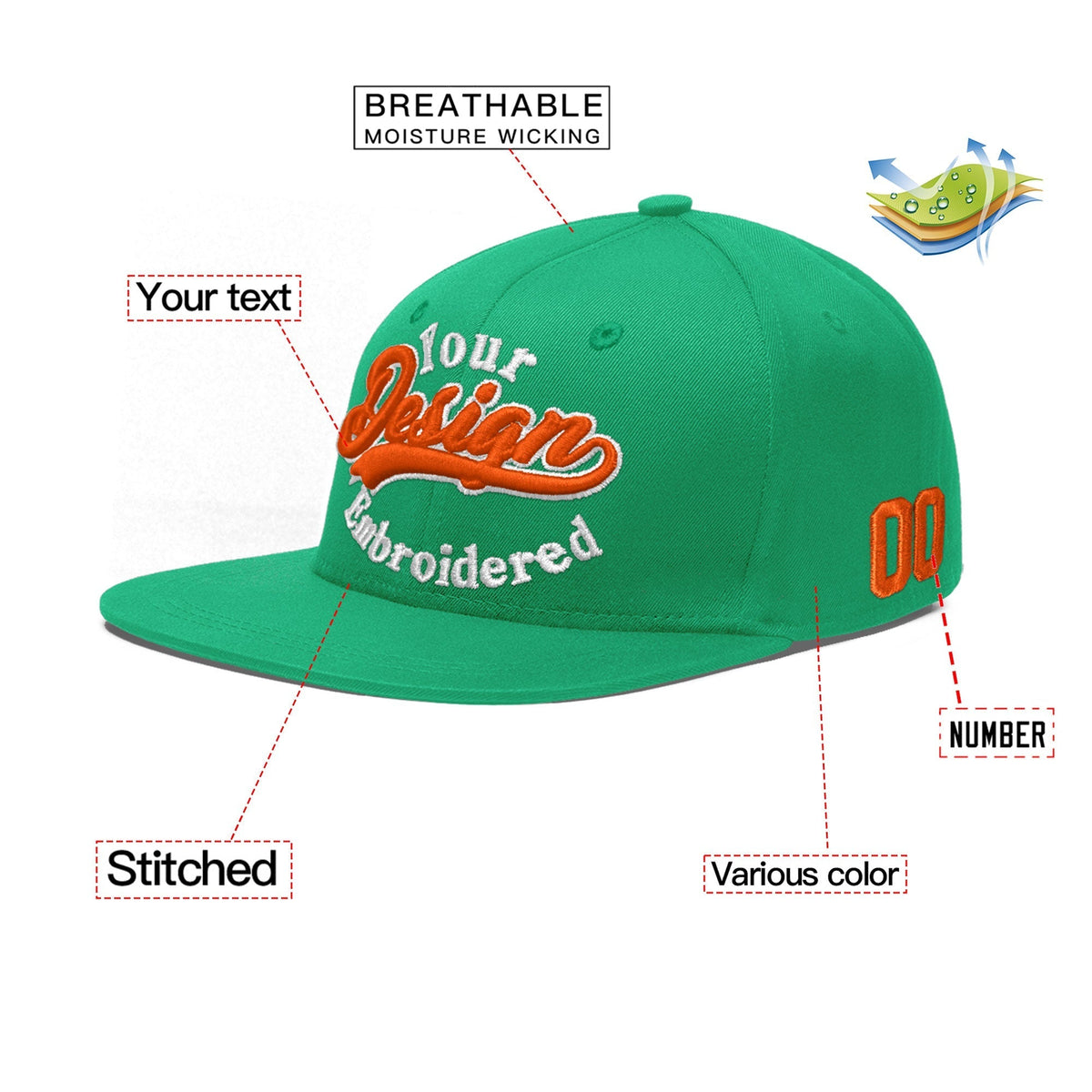 Custom Aqua 3D Puff Embroidery Flat Embroidery Casual Sport Baseball Cap