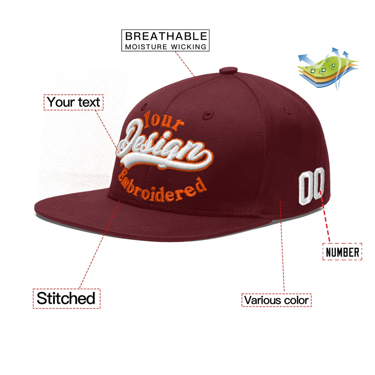 Custom Maroon 3D Puff Embroidery Flat Embroidery Casual Sport Baseball Cap