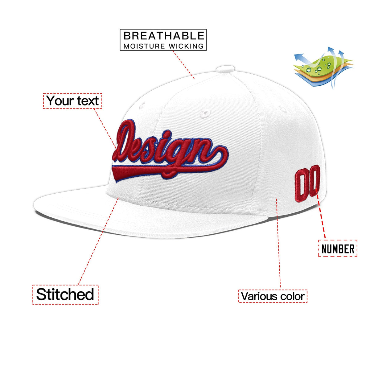 Custom White 3D Puff Embroidery Flat Embroidery Casual Sport Baseball Cap
