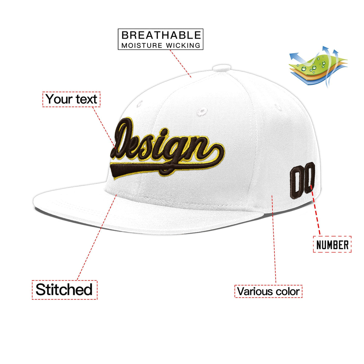 Custom White 3D Puff Embroidery Flat Embroidery Casual Sport Baseball Cap