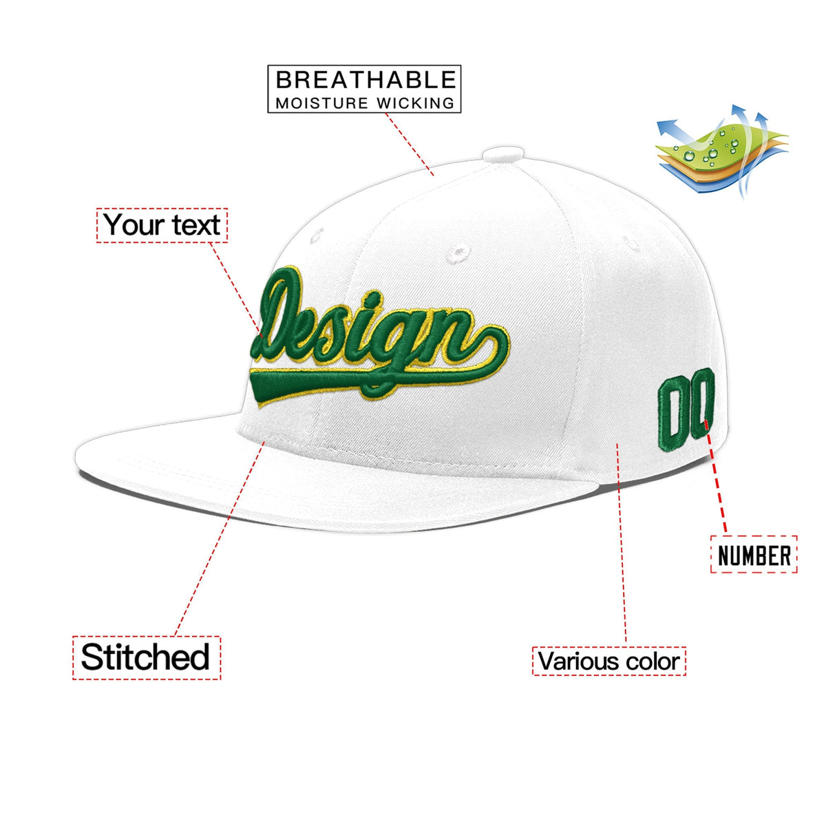 Custom White 3D Puff Embroidery Flat Embroidery Casual Sport Baseball Cap