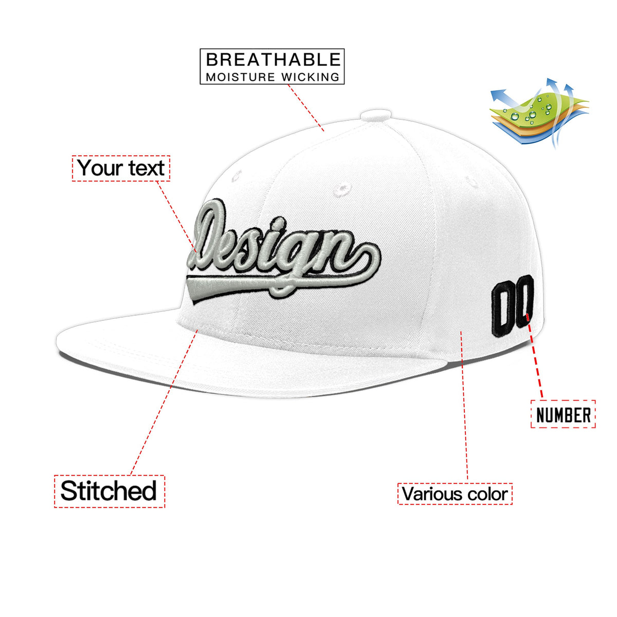 Custom White 3D Puff Embroidery Flat Embroidery Casual Sport Baseball Cap