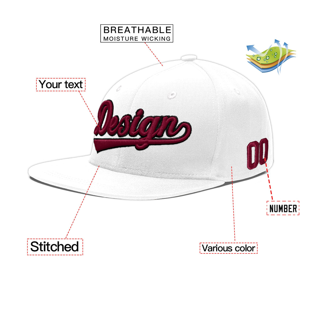Custom White 3D Puff Embroidery Flat Embroidery Casual Sport Baseball Cap