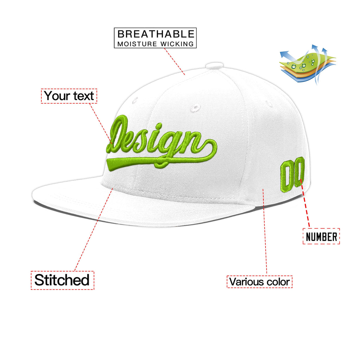Custom White 3D Puff Embroidery Flat Embroidery Casual Sport Baseball Cap