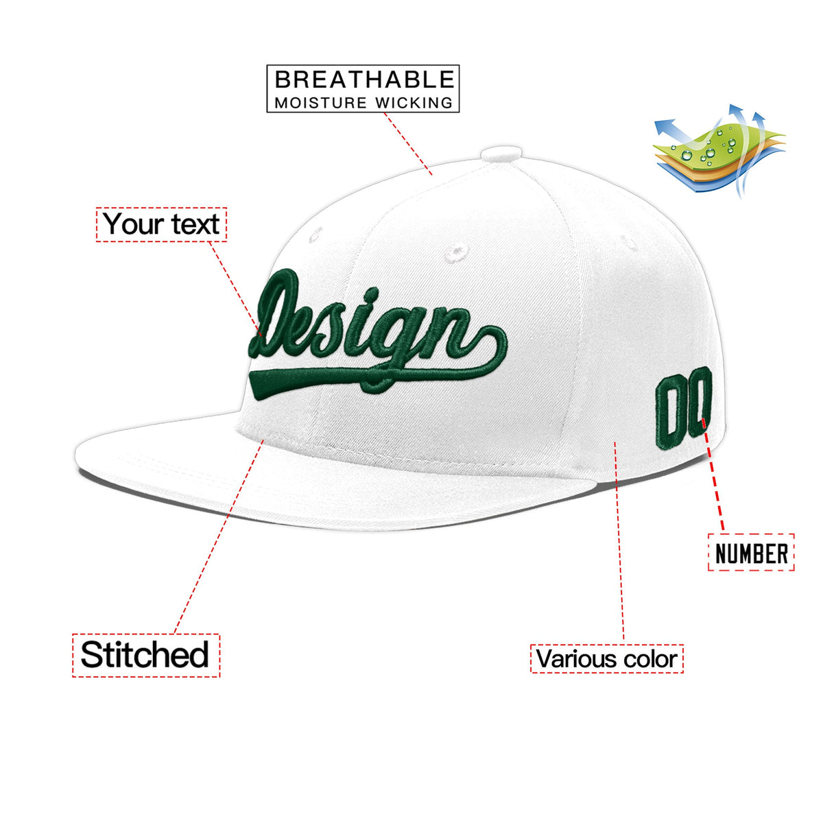 Custom White 3D Puff Embroidery Flat Embroidery Casual Sport Baseball Cap