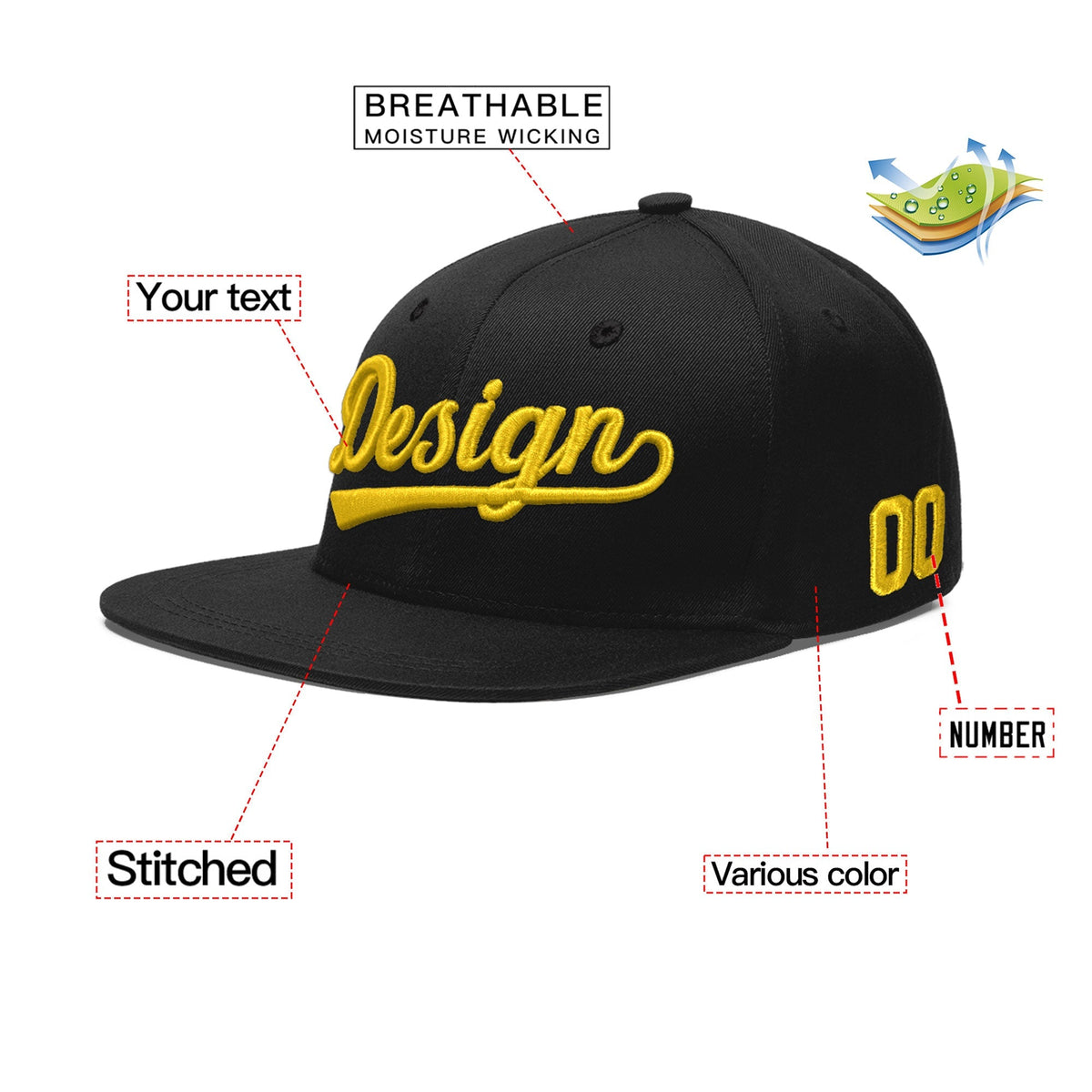 Custom Black 3D Puff Embroidery Flat Embroidery Casual Sport Baseball Cap