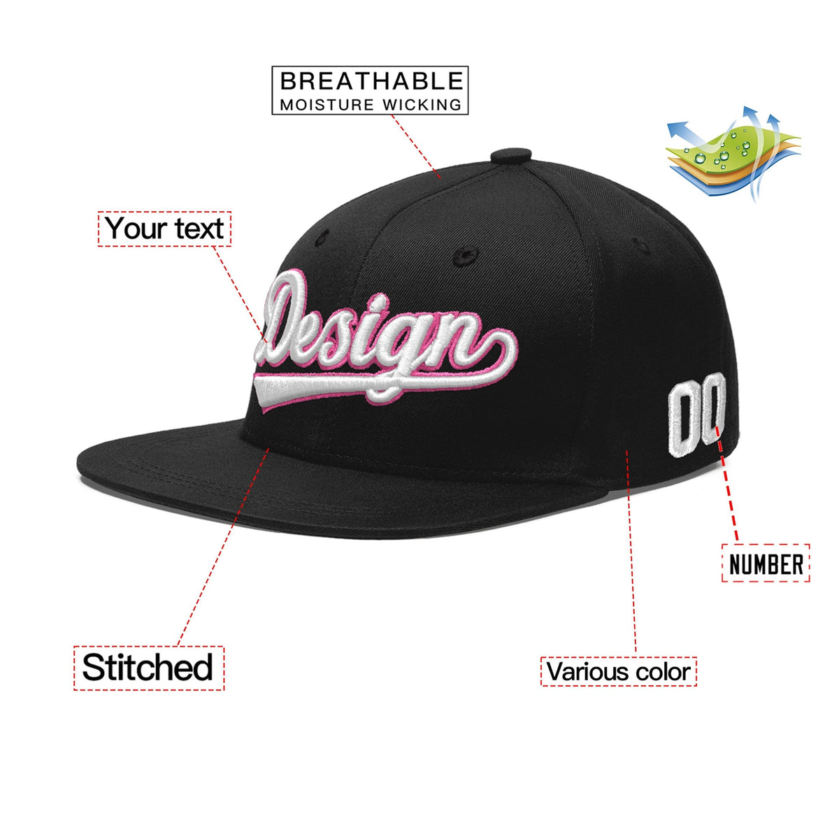 Custom Black 3D Puff Embroidery Flat Embroidery Casual Sport Baseball Cap
