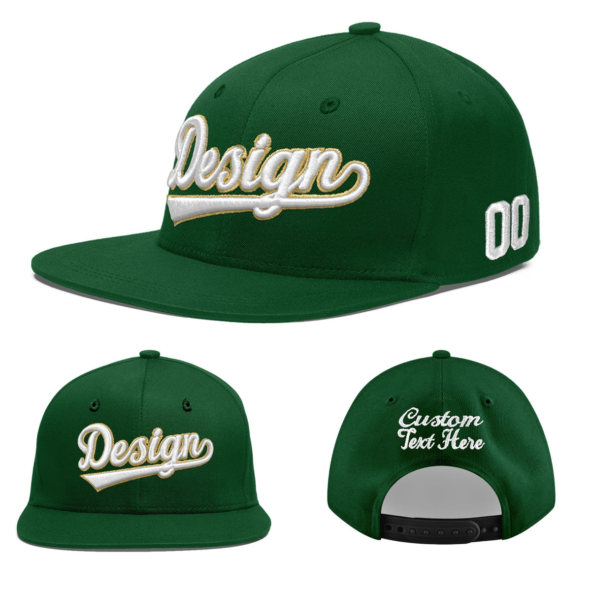 Custom Green 3D Puff Embroidery Flat Embroidery Casual Sport Baseball Cap
