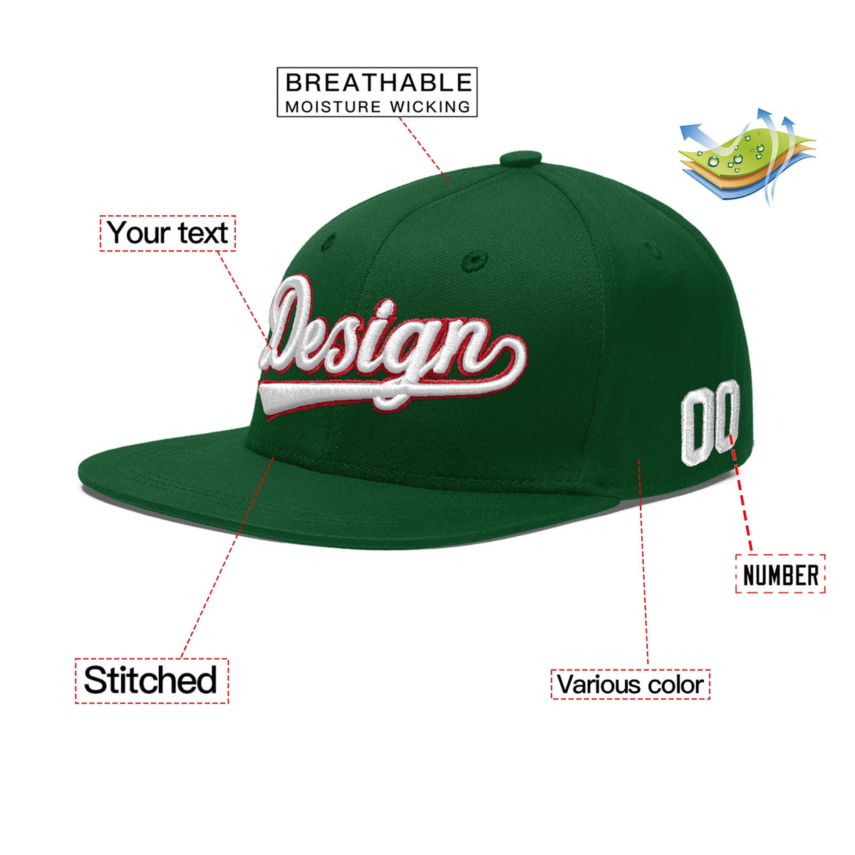 Custom Green 3D Puff Embroidery Flat Embroidery Casual Sport Baseball Cap