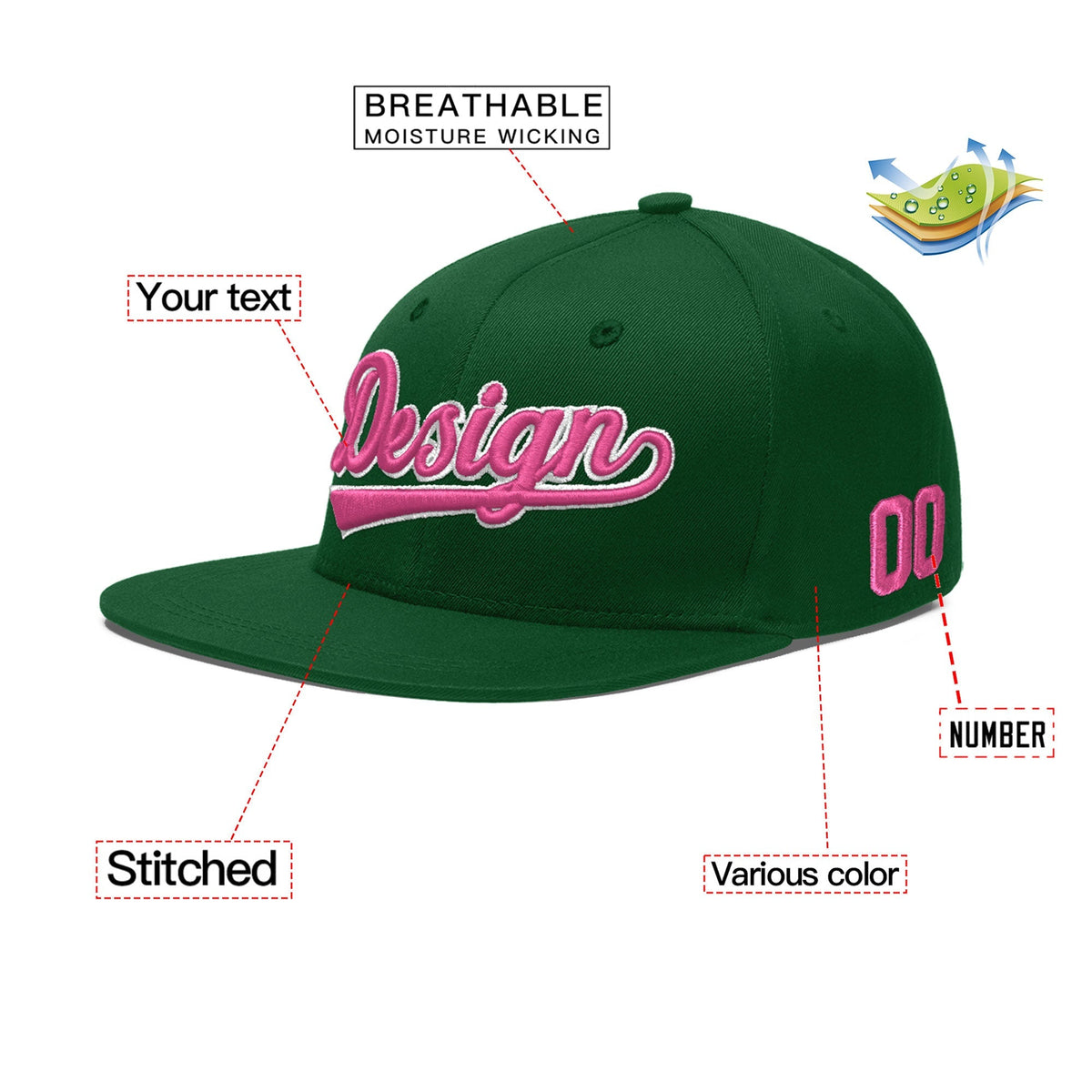 Custom Green 3D Puff Embroidery Flat Embroidery Casual Sport Baseball Cap