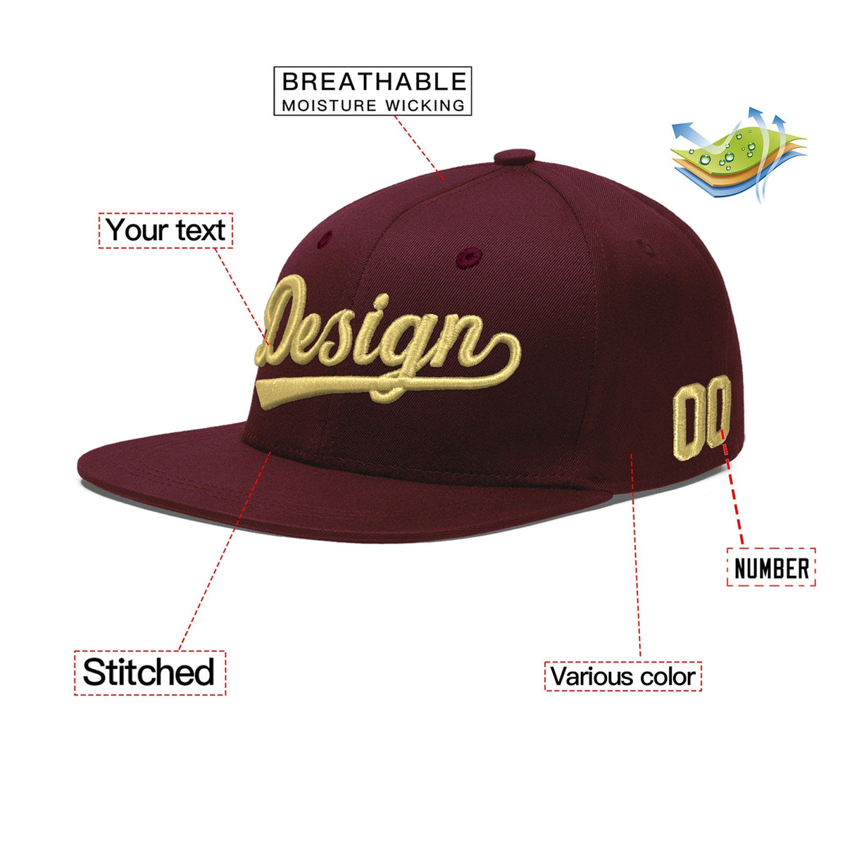 Custom Burgundy 3D Puff Embroidery Flat Embroidery Casual Sport Baseball Cap