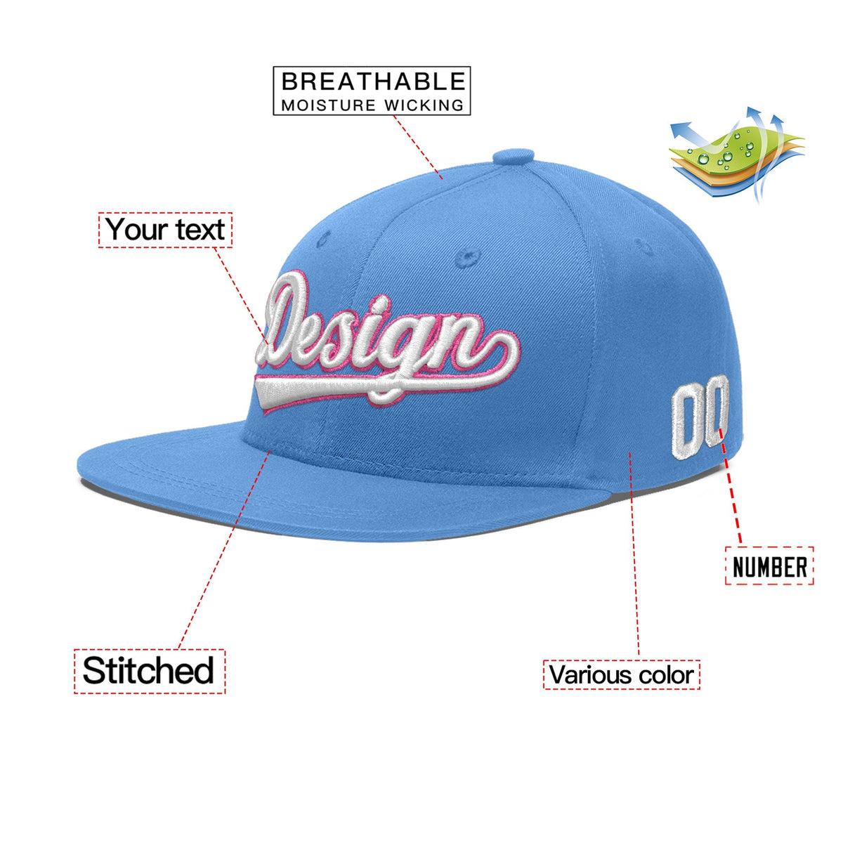 Custom Powder Blue 3D Puff Embroidery Flat Embroidery Casual Sport Baseball Cap