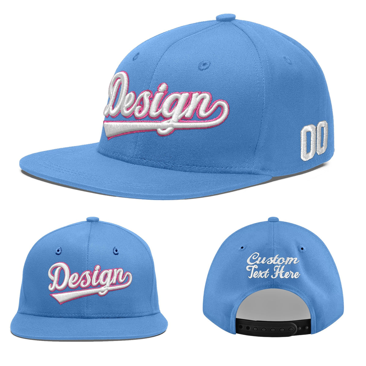 Custom Powder Blue 3D Puff Embroidery Flat Embroidery Casual Sport Baseball Cap