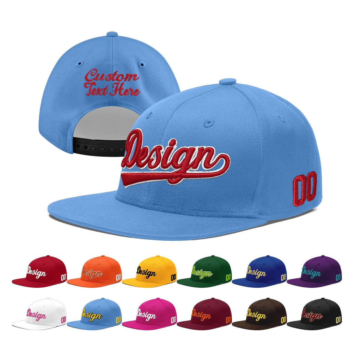 Custom Powder Blue 3D Puff Embroidery Flat Embroidery Casual Sport Baseball Cap