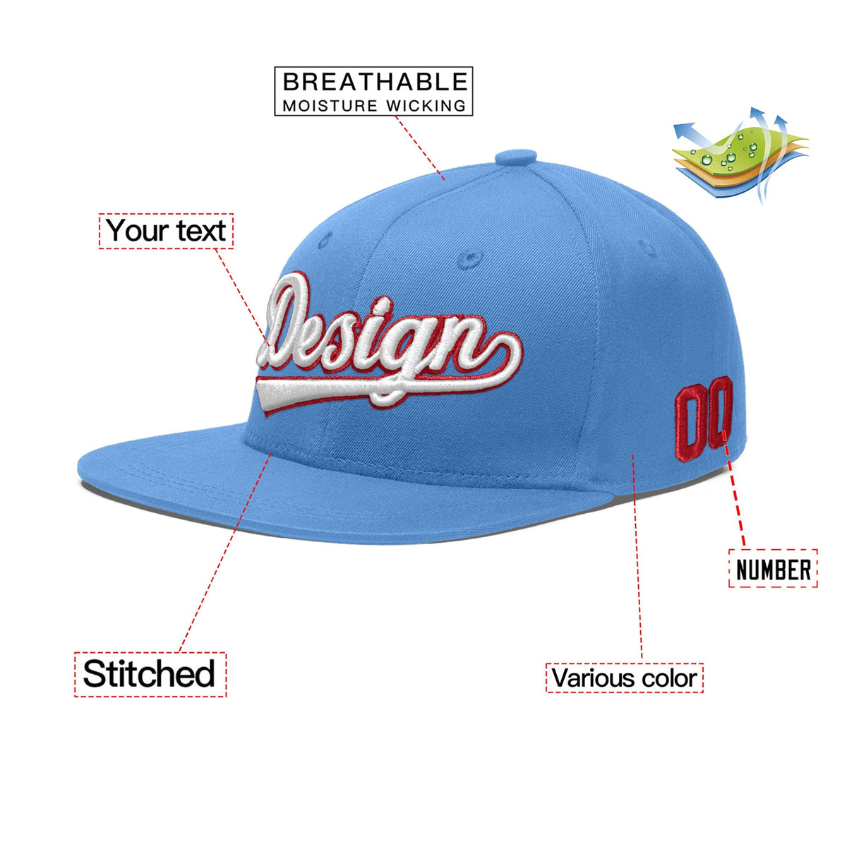 Custom Powder Blue 3D Puff Embroidery Flat Embroidery Casual Sport Baseball Cap
