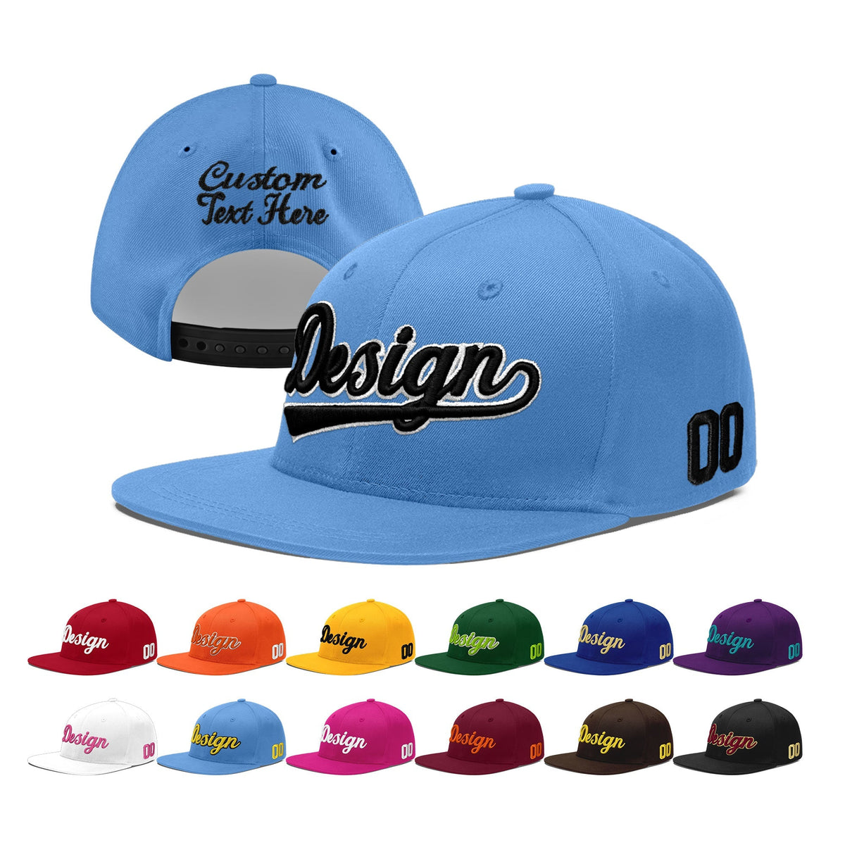 Custom Powder Blue 3D Puff Embroidery Flat Embroidery Casual Sport Baseball Cap