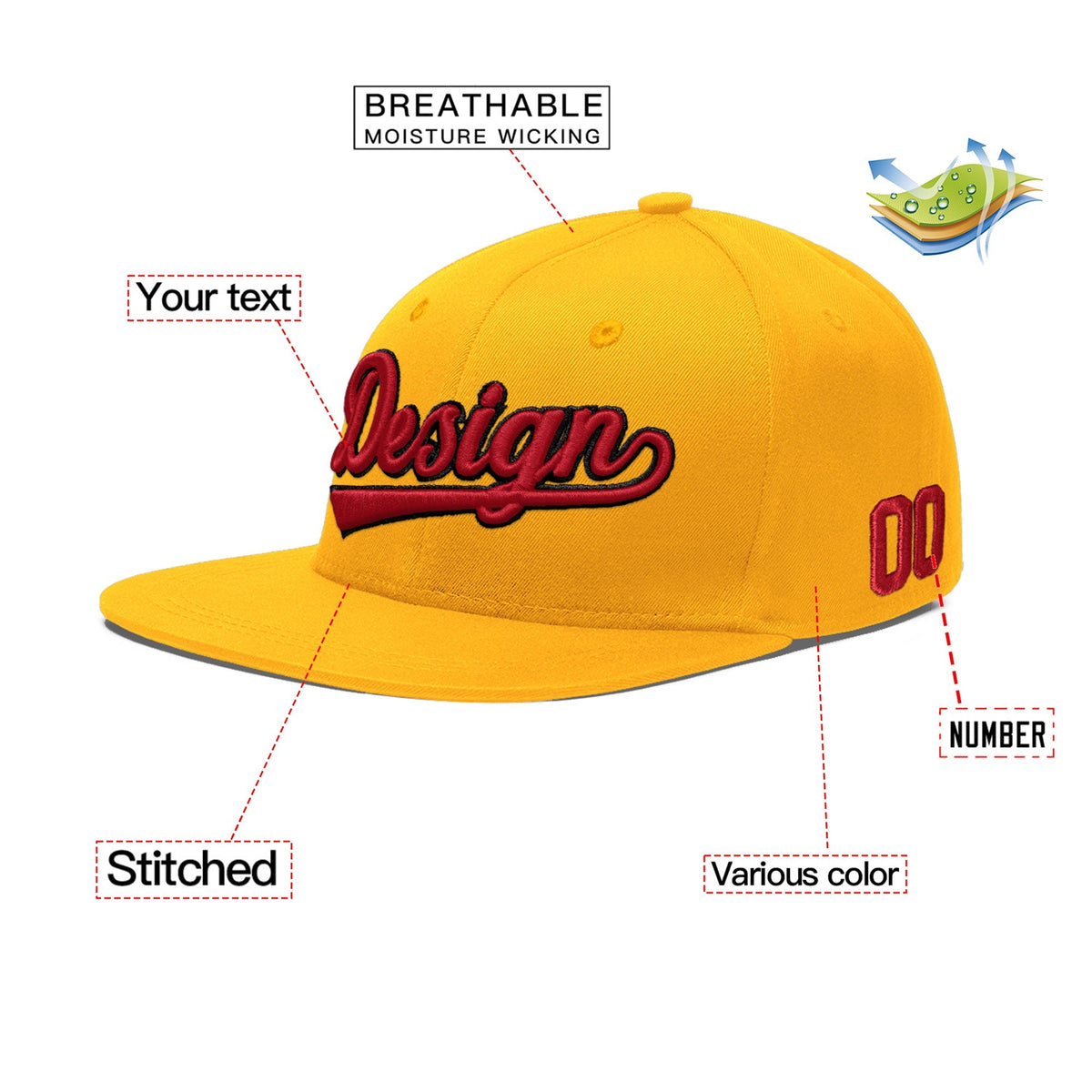 Custom Yellow 3D Puff Embroidery Flat Embroidery Casual Sport Baseball Cap