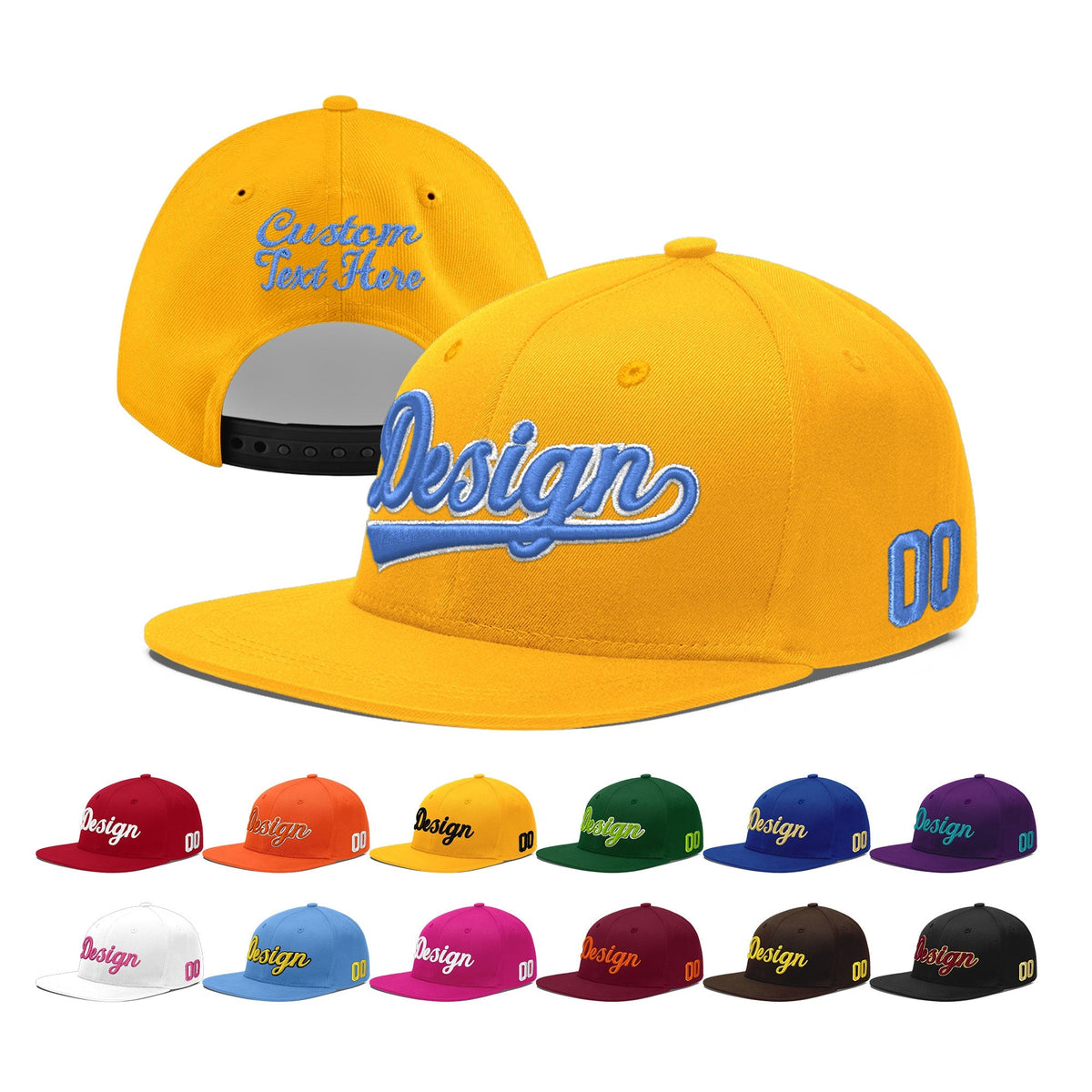 Custom Yellow 3D Puff Embroidery Flat Embroidery Casual Sport Baseball Cap