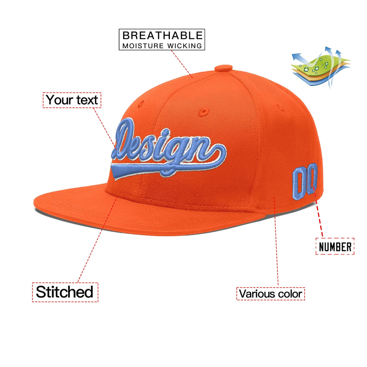 Custom Orange 3D Puff Embroidery Flat Embroidery Casual Sport Baseball Cap