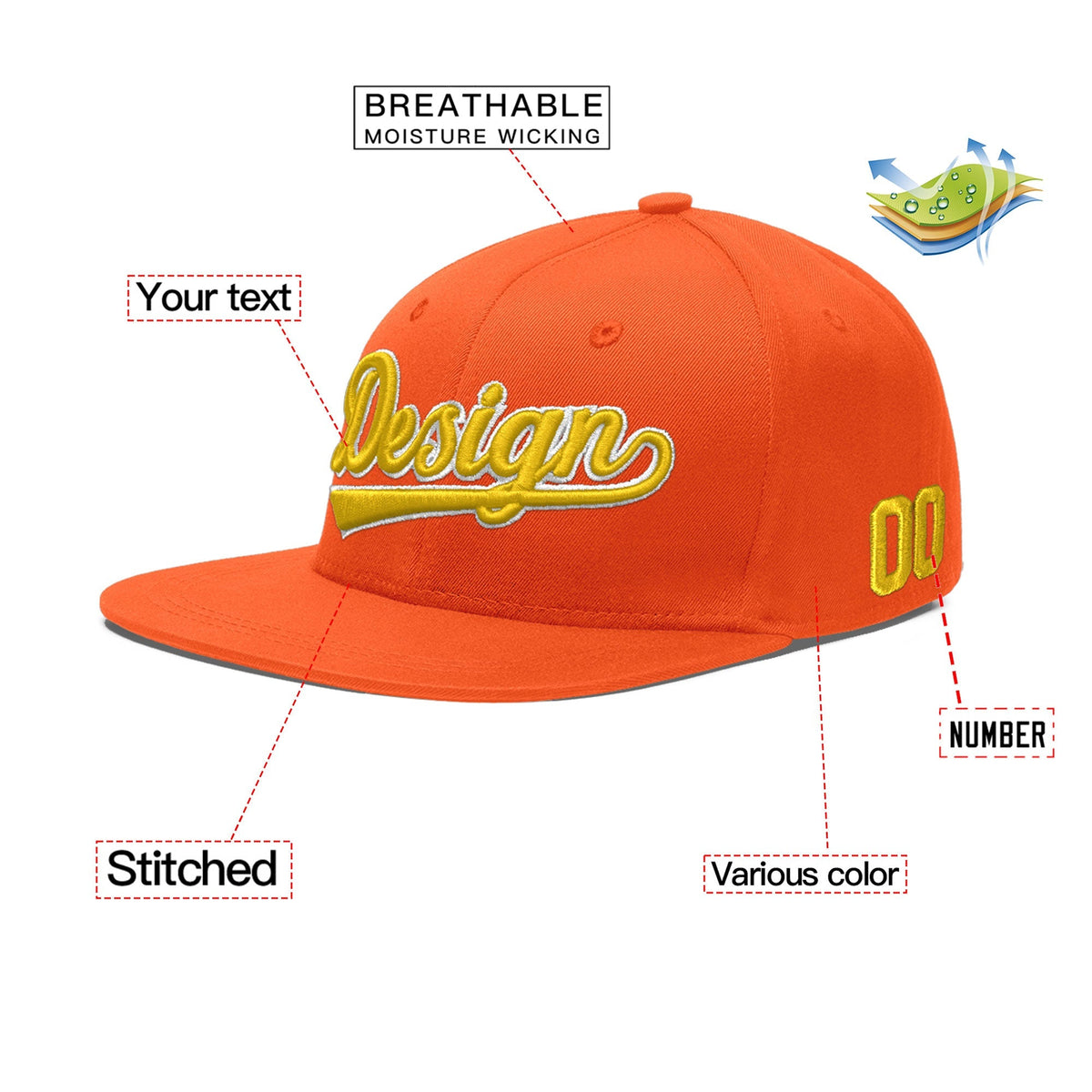 Custom Orange 3D Puff Embroidery Flat Embroidery Casual Sport Baseball Cap