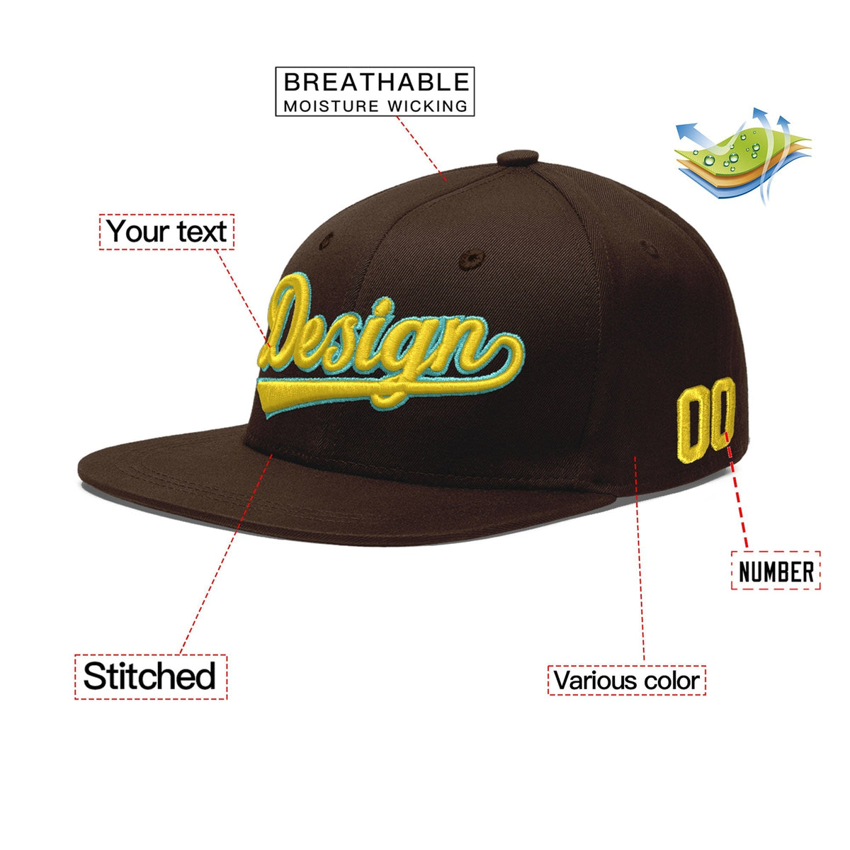 Custom Brown 3D Puff Embroidery Flat Embroidery Casual Sport Baseball Cap