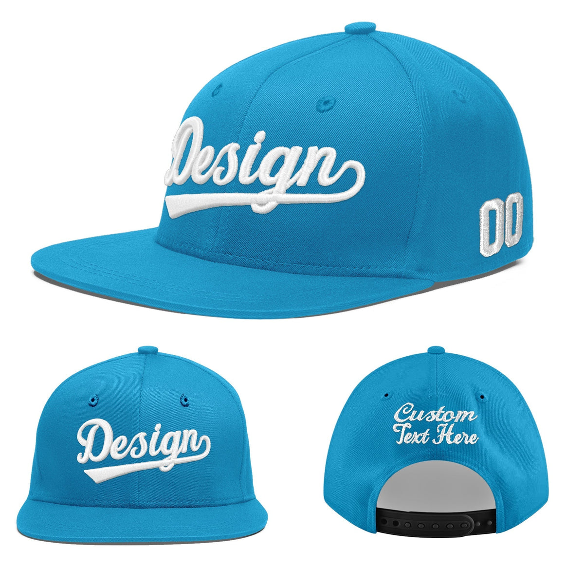 Custom Light Blue 3D Puff Embroidery Flat Embroidery Casual Sport Baseball Cap