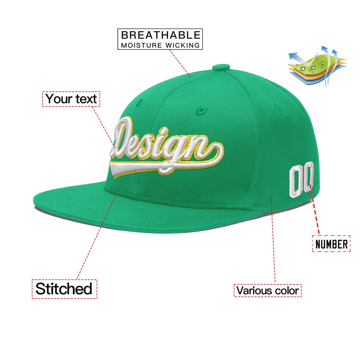 Custom Aqua 3D Puff Embroidery Flat Embroidery Casual Sport Baseball Cap