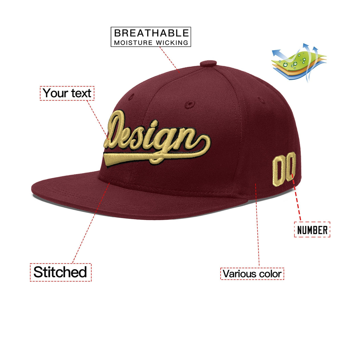 Custom Maroon 3D Puff Embroidery Flat Embroidery Casual Sport Baseball Cap