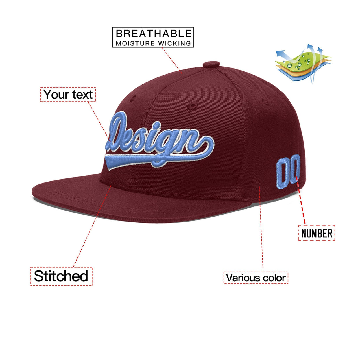 Custom Maroon 3D Puff Embroidery Flat Embroidery Casual Sport Baseball Cap