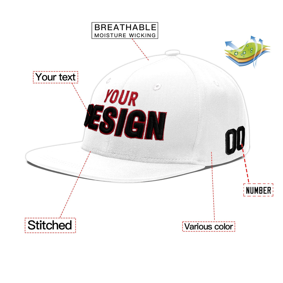 Custom White 3D Puff Embroidery Flat Embroidery Casual Sport Baseball Cap