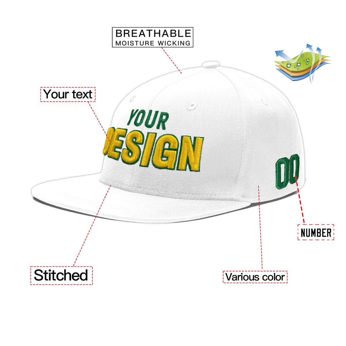 Custom White 3D Puff Embroidery Flat Embroidery Casual Sport Baseball Cap