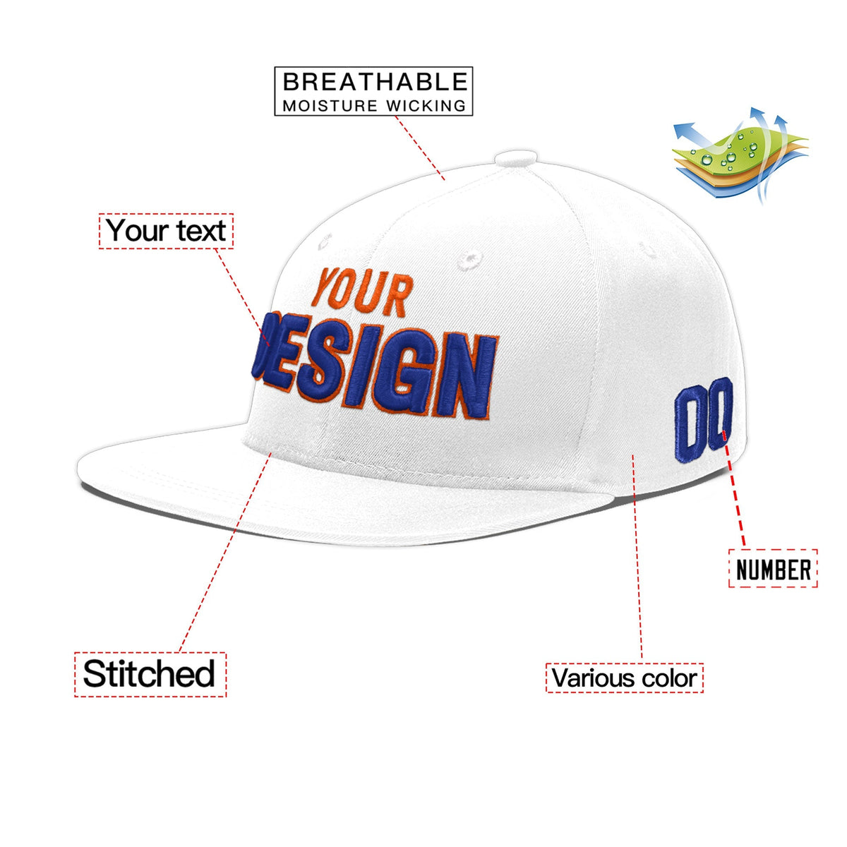 Custom White 3D Puff Embroidery Flat Embroidery Casual Sport Baseball Cap