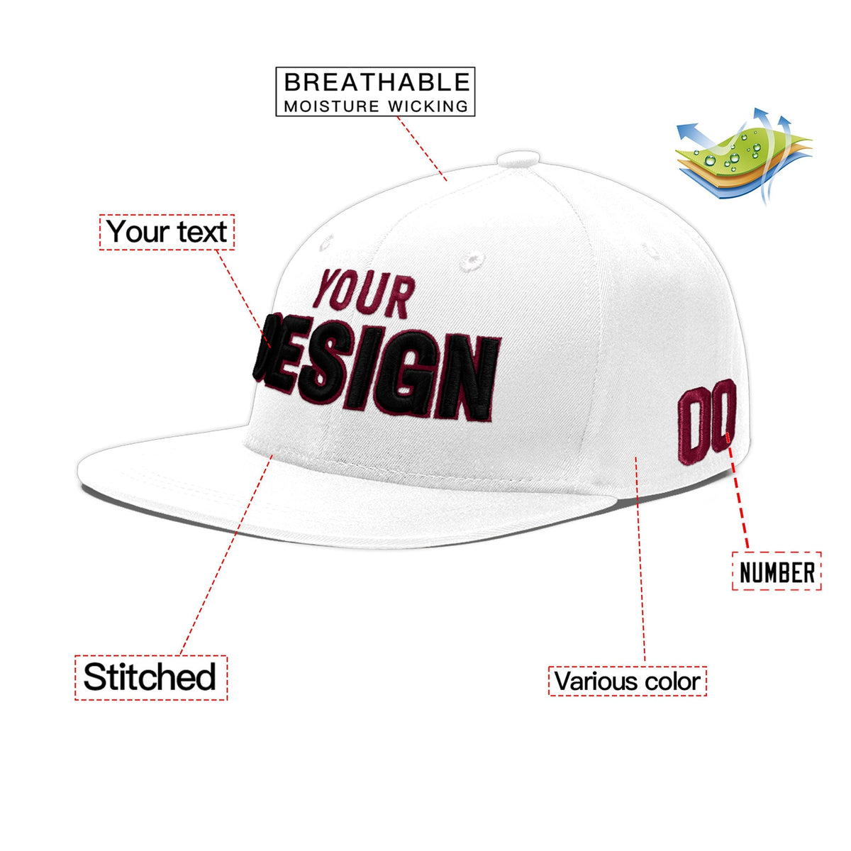 Custom White 3D Puff Embroidery Flat Embroidery Casual Sport Baseball Cap