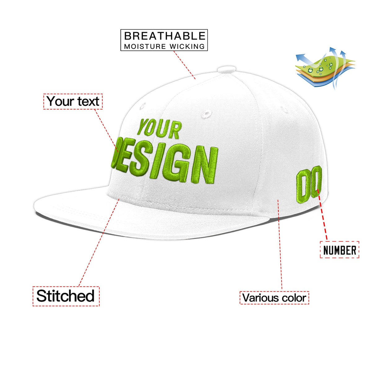 Custom White 3D Puff Embroidery Flat Embroidery Casual Sport Baseball Cap