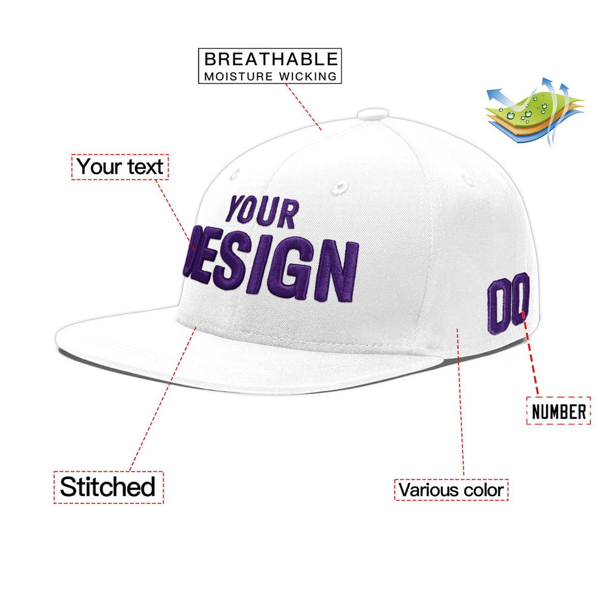 Custom White 3D Puff Embroidery Flat Embroidery Casual Sport Baseball Cap